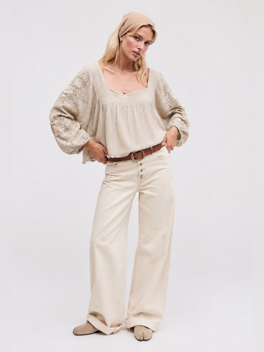 NWT JM Collection Tan Smocked Embroidered Cotton Blouse 3/4 Sleeve